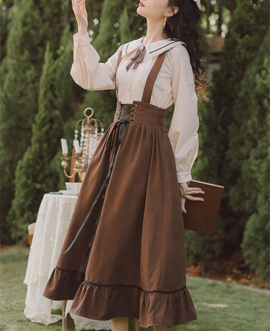 Spring Summer Women Long Midi Suspender Skirt Teen Girls Preppy Style Cute Lace-Up High Waist Ruffle A-Line Skirts - Image 2