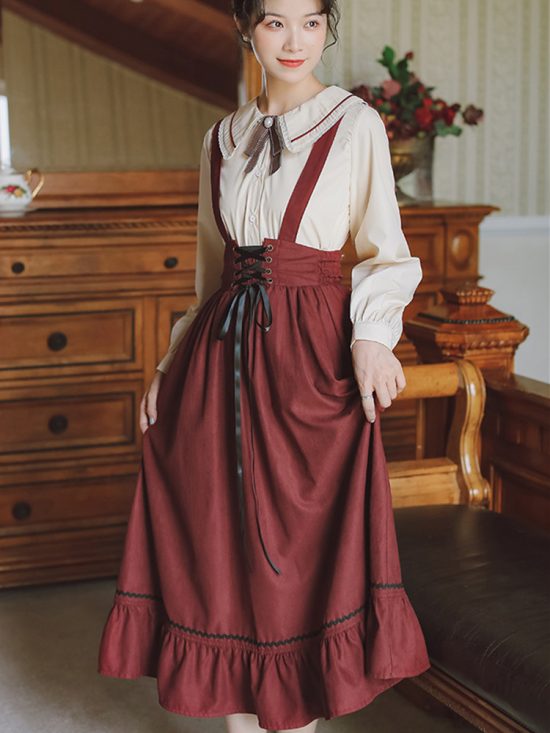 Spring Summer Women Long Midi Suspender Skirt Teen Girls Preppy Style Cute Lace-Up High Waist Ruffle A-Line Skirts - Image 3