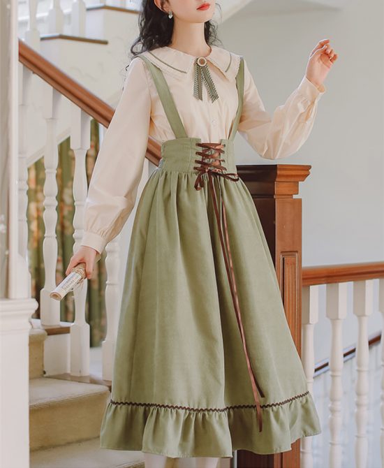 Spring Summer Women Long Midi Suspender Skirt Teen Girls Preppy Style Cute Lace-Up High Waist Ruffle A-Line Skirts - Image 4