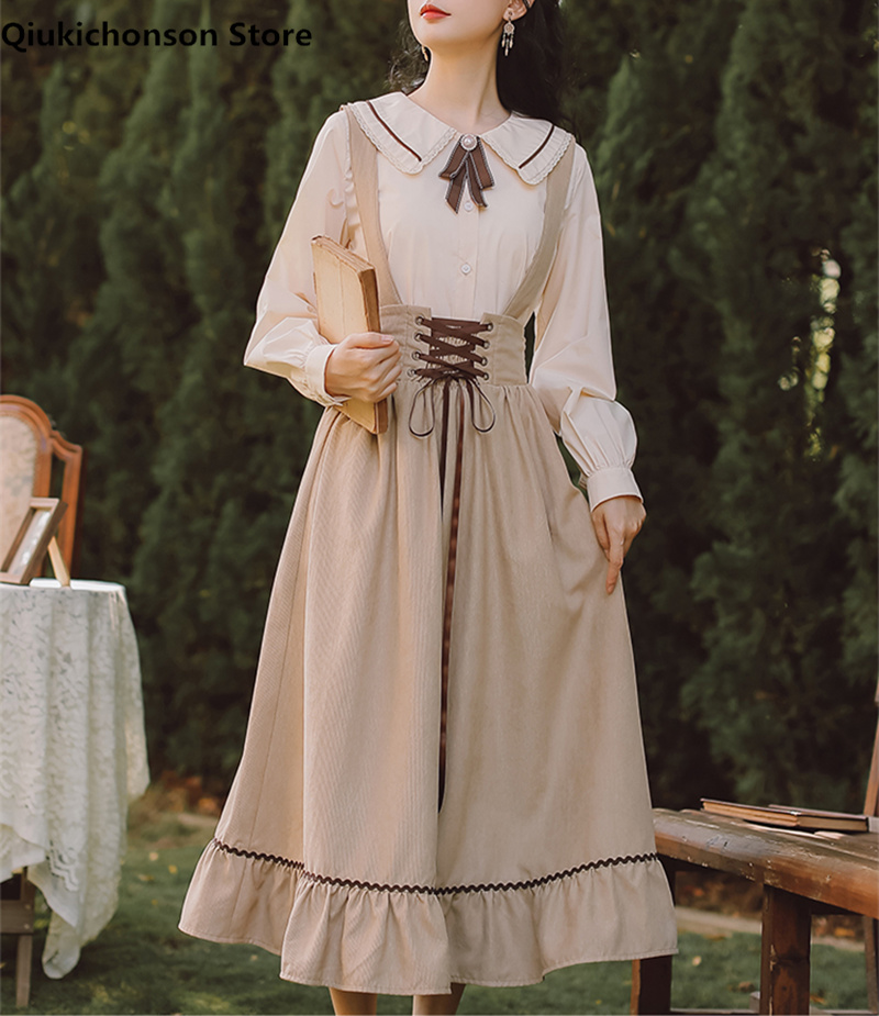 Spring Summer Women Long Midi Suspender Skirt Teen Girls Preppy Style Cute Lace-Up High Waist Ruffle A-Line Skirts