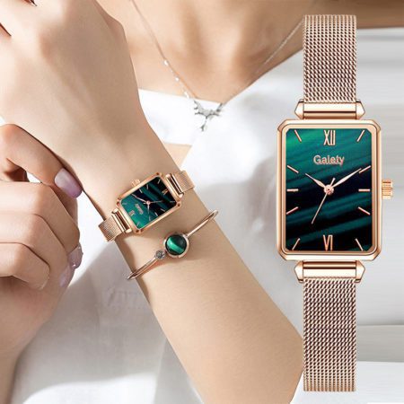 Quartz Watch Bracelet Set Green Dial Simple Rose Gold Luxury Women Watches