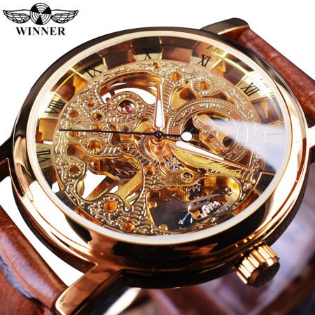 Luxury Casual Design Brown Leather Strap Mens Watches Top Brand Luxury Mechanical Skeleton Watch