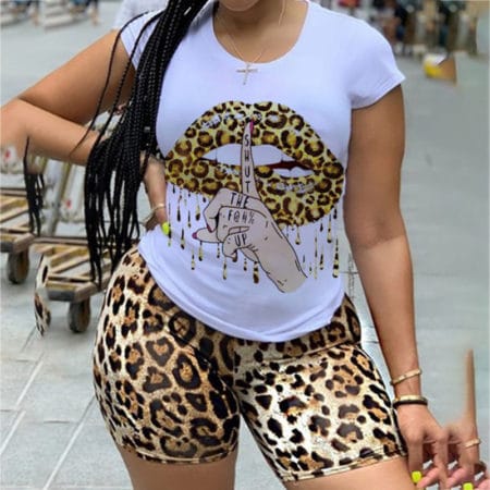 Two Piece Set for Women Tracksuit Lips Short Sleeve Top Leopard Shorts