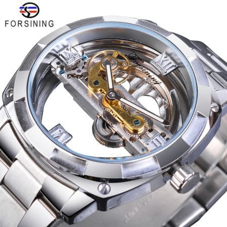Forsining Men Transparent Design Mechanical Automatic Watch Stainless Steel Belts Clock