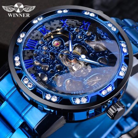 Winner Transparent Diamond Mechanical Watch Blue Stainless Steel Skeleton Watch Top Brand