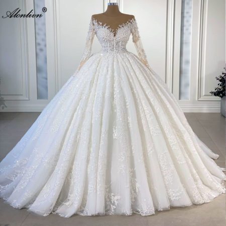 French Alonelivin Elegant Lace Wedding Dress V-Neck Long Sleeve Pearl Beading Wedding Dress