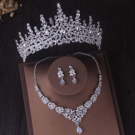 Bridal Jewelry Set Silver Color Crystal Crown Necklace Earrings For Wedding Dress
