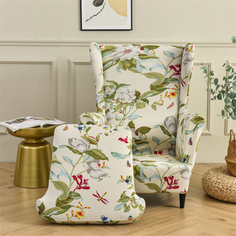 Floral Print Wing Chair Cover Removable Stretchy Wing Armchair Covers Chaise Lounge Cover with Seat Cushions Covers