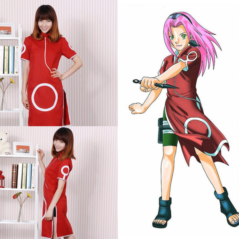 Ninja womens Girls Konoha Sakura Ninja Cosplay Costume Wigs(dress(top+skirt)+Headband+Shoes+Kunai+bag+shuriken)