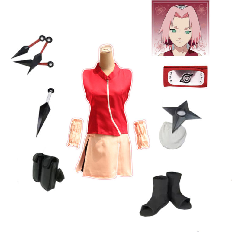 Ninja womens Girls Konoha Sakura Ninja Cosplay Costume Wigs(dress(top+skirt)+Headband+Shoes+Kunai+bag+shuriken) - Image 2