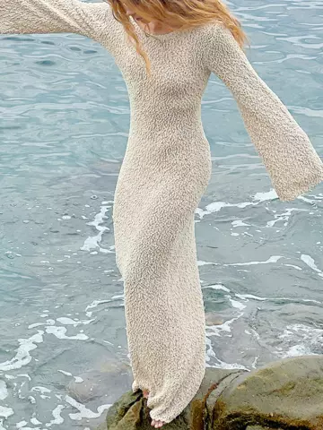 Long Dress Elegant Fashion Knitted Plush Long Flared Sleeve Backless Autumn Fairy Dress Party Dresses Vestido